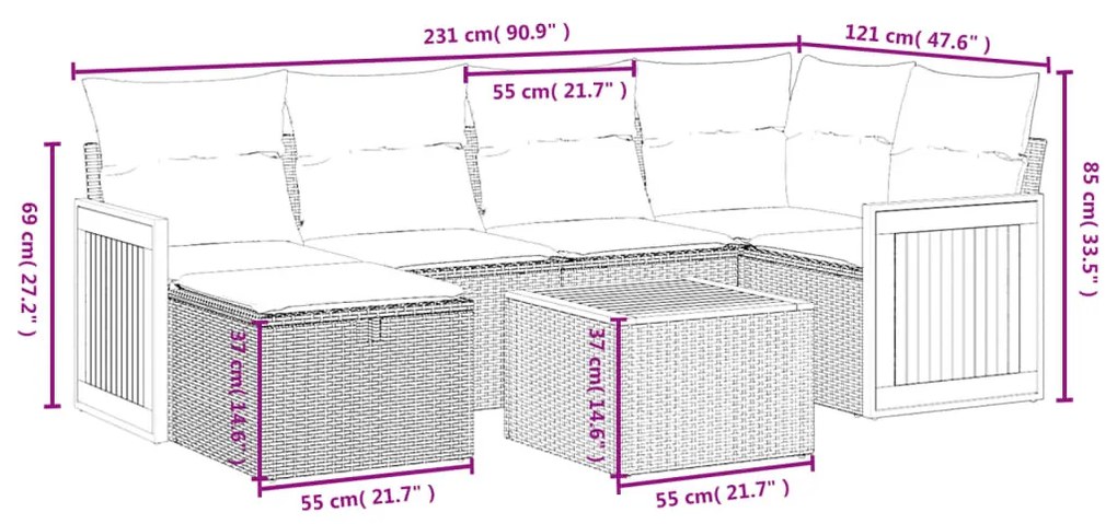 7 részes fekete polyrattan kerti ülőgarnitúra párnával