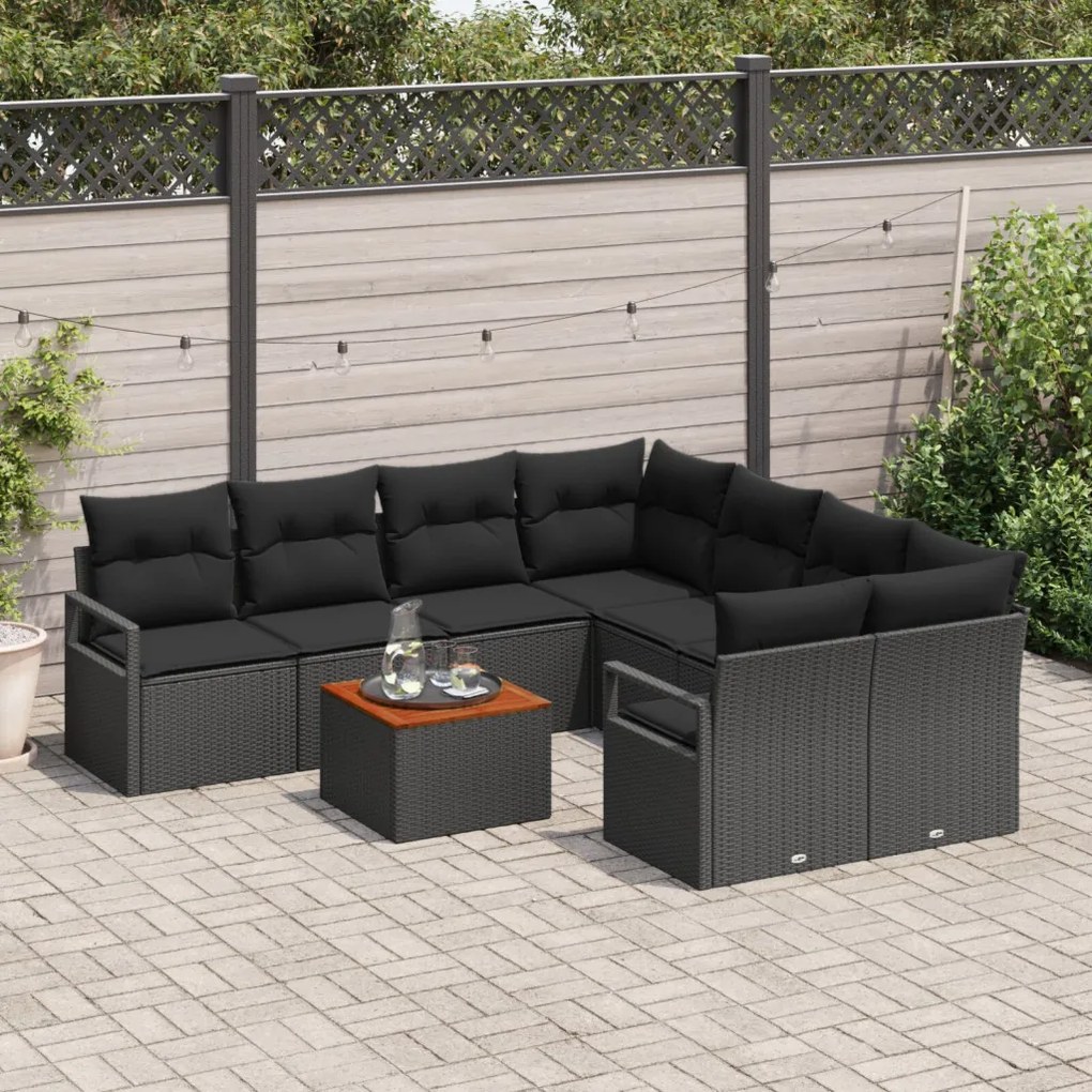 9 darabos Kerti Kanapé Szett Párnákkal, Fekete Poli Rattan Akác, 2-Fős Kerti Kanapé Párnákkal, Fekete Poli Rattan
