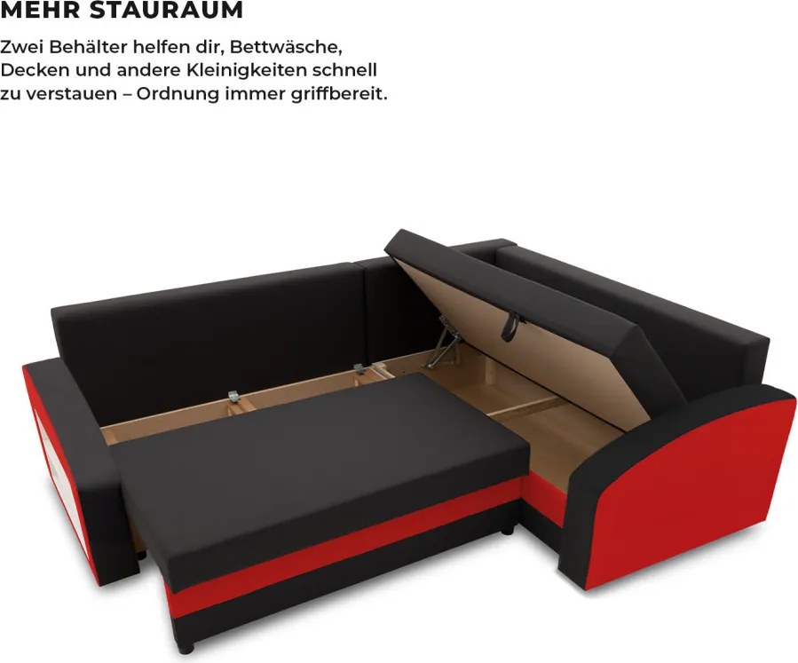 Grande sarokkanapé polcokkal , polc a bal karfaban, jobboldali, szövet anyag, bonell töltet, fekete - piros