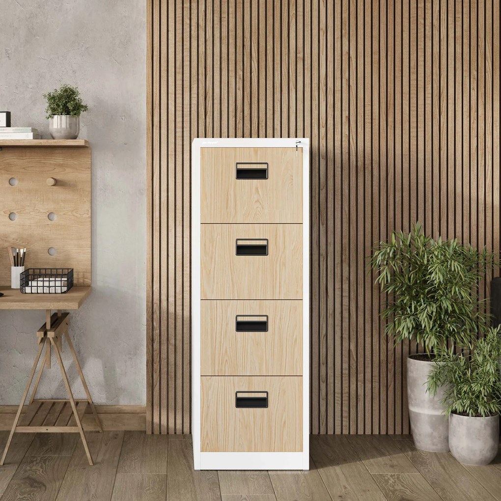 Fém irattartó szekrény, 4 fiókos SARA V4, 460 x 1320 x 620 mm, Eco Design: fehér/ sonoma tölgy
