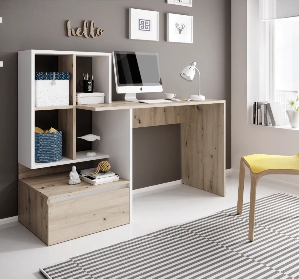 PC asztal, artisan tölgy/fehér matt, NEREO