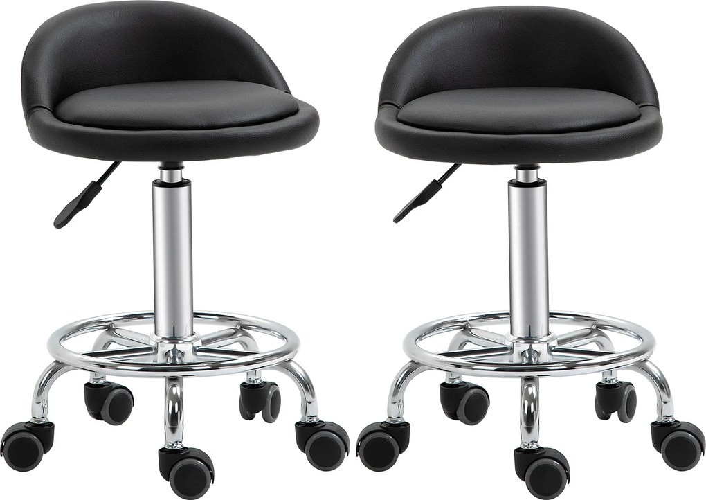 HOMCOM 2 db gurulós szék - forgatható munkaszék 360° - állítható ülésmagasság 47-62 cm, ergonomikus háttámla - krómozott acél fekete szintetikus bevon