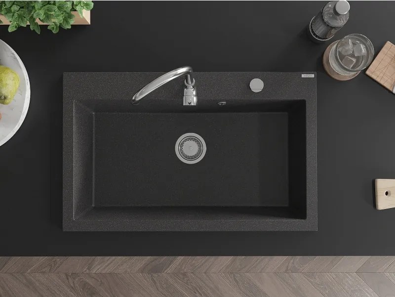 Mexen Elix gránit mosogató, 1 medencés, 800 x 500 mm, fekete foltos, króm szifon - 6527801005-76