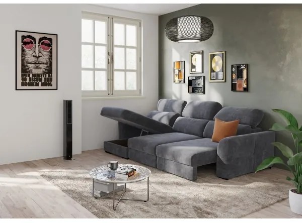 Univerzális, kihúzható háromüléses sarokkanapé tárolóval TRENTO antracit