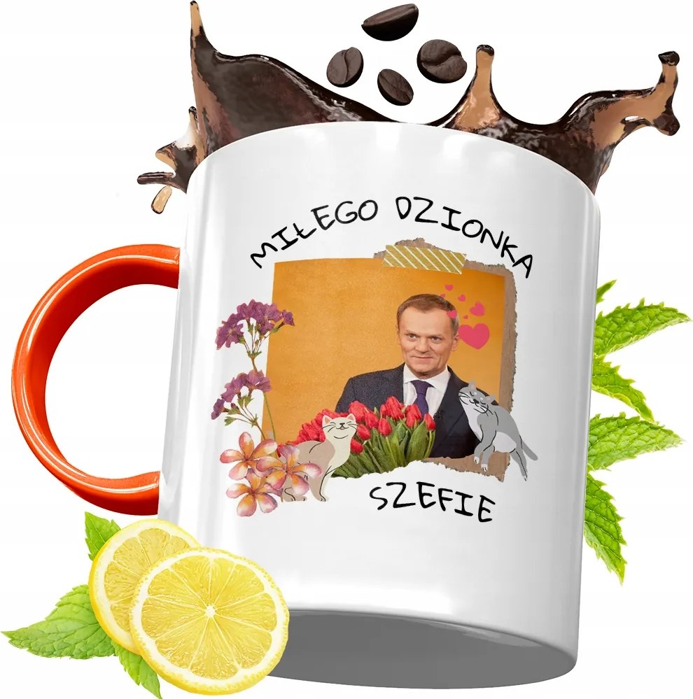 Donald Tusk Narancssárga Bögre Ajándék, fényképes nyomattal