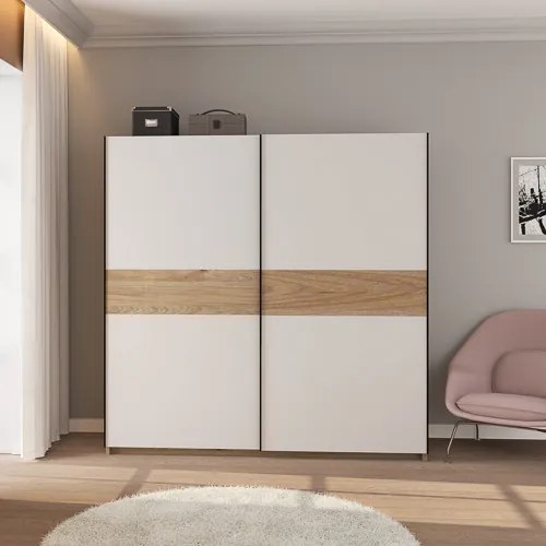 BERNO ruhásszekrény, 200 cm | Fehér + hickory tölgy