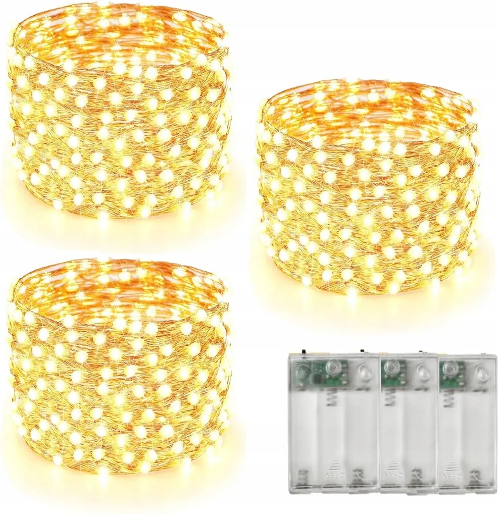 3xLED Lámpa Drót 5 Méter 50 Led Elemes Mikro Fény Fehér Meleg