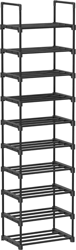 Cipőtartó, 10 szintes fém cipőtároló polc 174x45x30cm, polc magassága állítható, fekete
