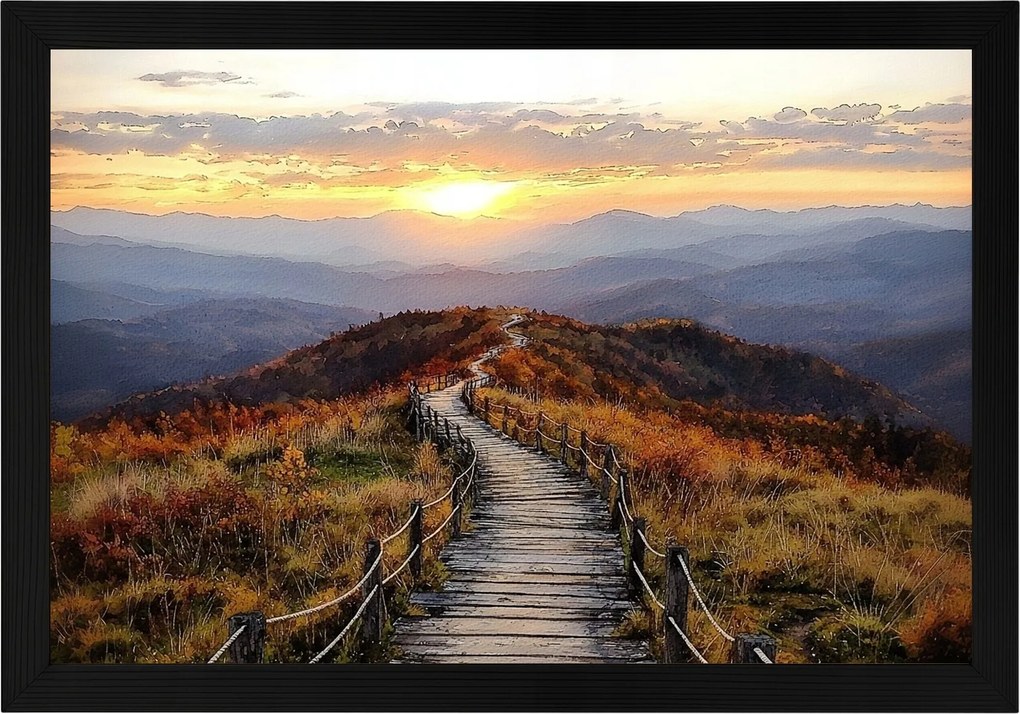 Poszter Keret Fa Ösvény Hegyek Naplemente Ősz Tájkép 60x40