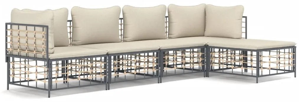 5 részes antracitszürke polyrattan kerti ülőgarnitúra párnákkal