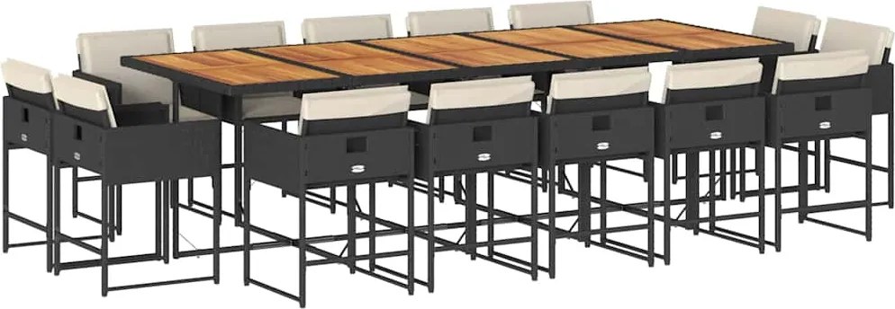 vidaXL 15 részes fekete polyrattan kerti étkezőgarnitúra párnákkal