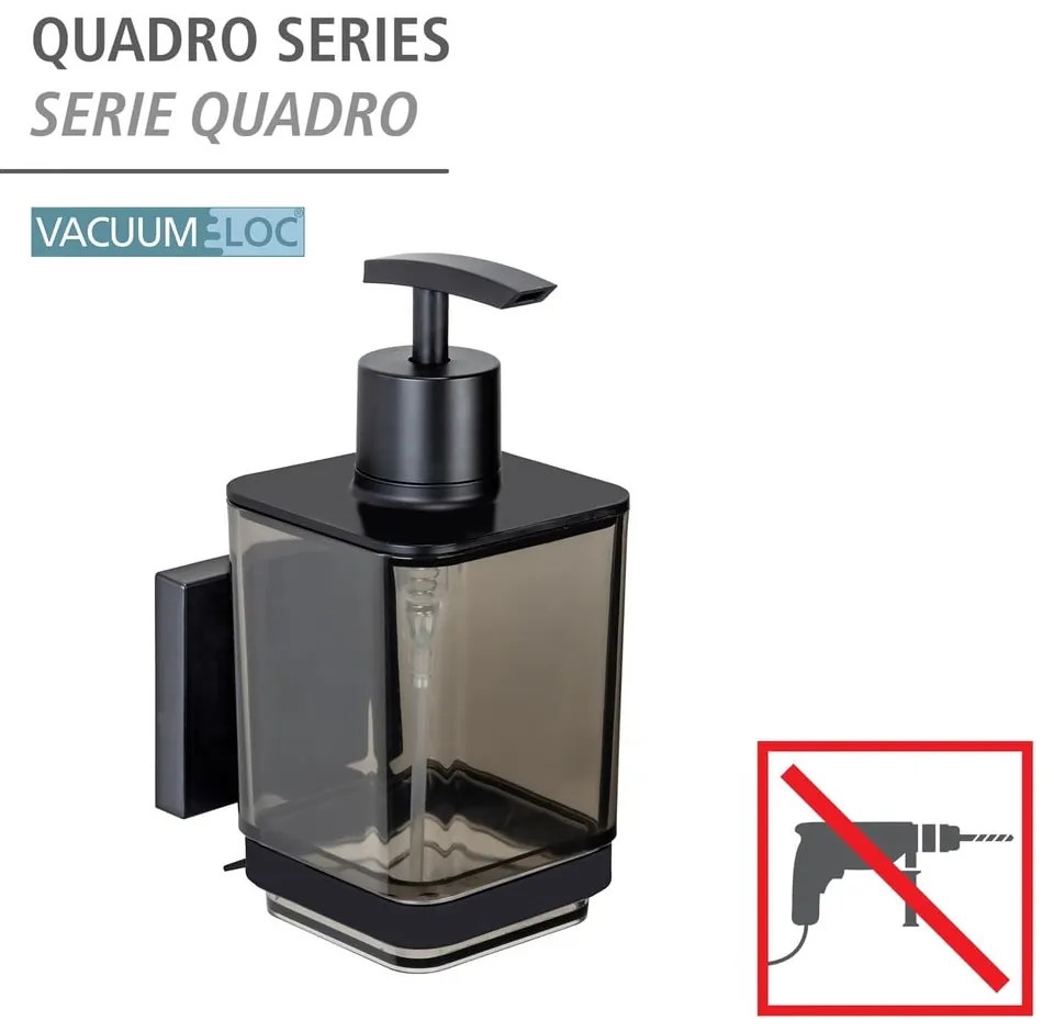Fekete öntapadós műanyag szappanadagoló 340 ml Quadro – Wenko