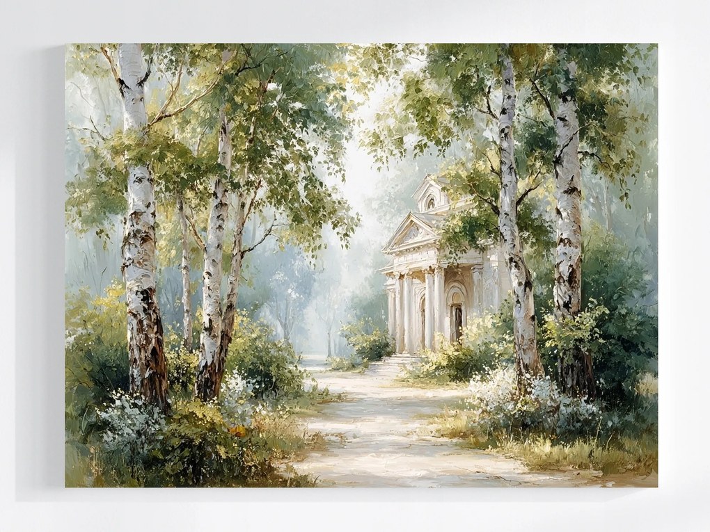 Vászonkép Canvas Tájkép Erdő Park Nyírfa Ösvény Templom 100x75