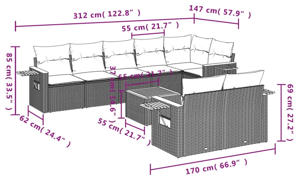 9 részes fekete polyrattan kerti ülőgarnitúra párnákkal