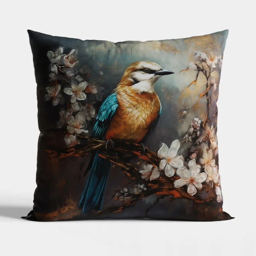 Bársony díszpárna madár és virág motívummal 40x40 cm