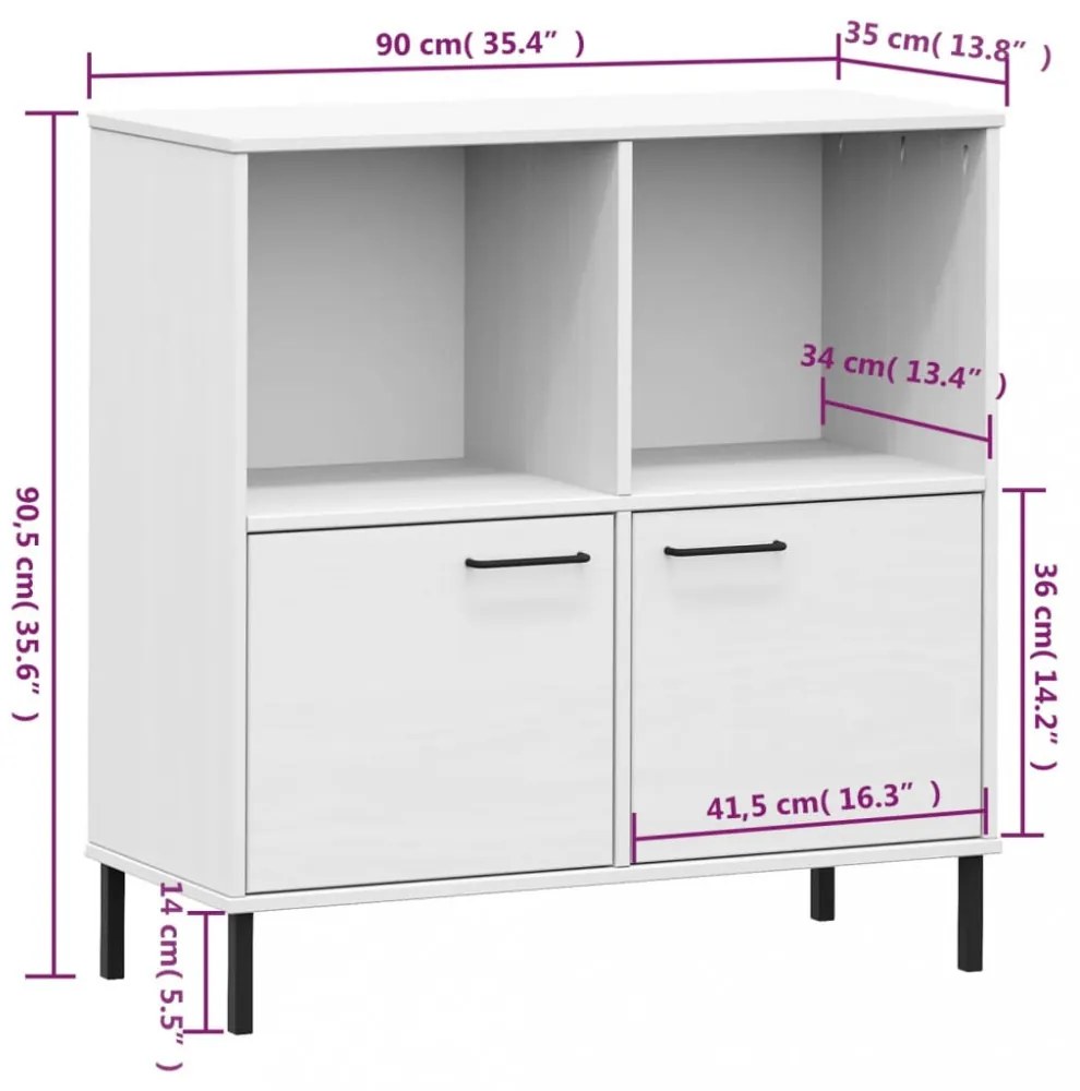 OSLO fehér tömör fa könyvszekrény fém lábakkal 90x35x90,5 cm
