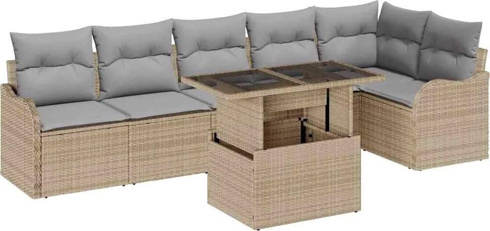 vidaXL Kerti Kanapé Szett párnával párnával 7 pcs Bézs Poly Rattan