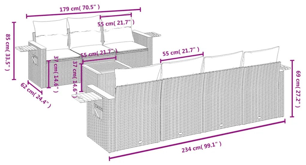 8 részes fekete polyrattan kerti ülőgarnitúra párnákkal