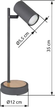 Globo 57910TG Asztali lámpa fém grafit, fém fa megjelenés, fém grafit, ø: 120mm, M: 350mm, kábelhossz 1500mm, fényforrás nélkül szállítva 1x GU10 LED 5W 230V