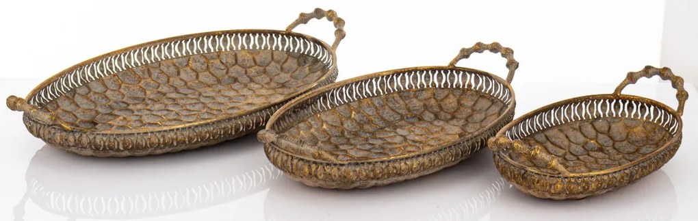 Antique keleties jellegű ovális dombormintás óarany 3db-os tálca szett 9x49x27 / 9x42x23 / 9x31x17cm