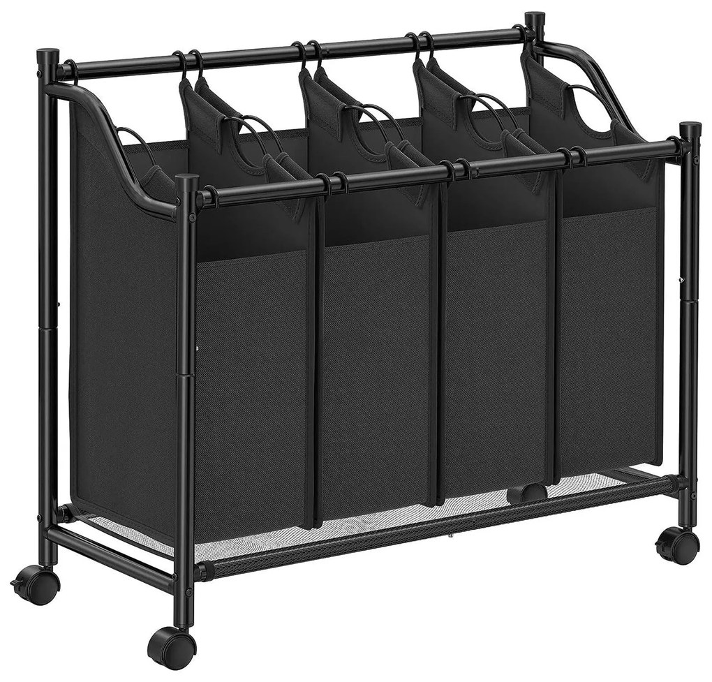 Szennyeskosár görgőkkel 4 x 35L, 4 kivehető táskával, fekete