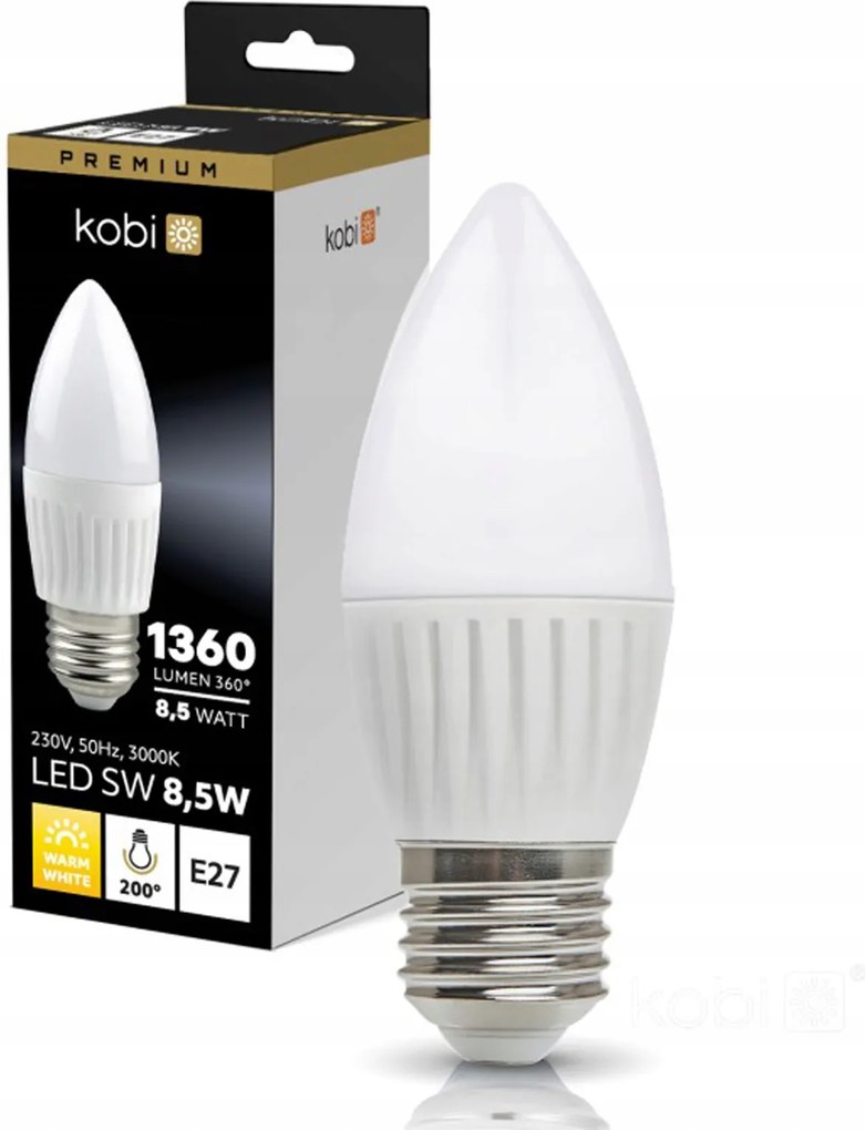 Led izzó E27 Gyertya B35 8,5W 1360lm 3000K Meleg 200° Kobi Premium