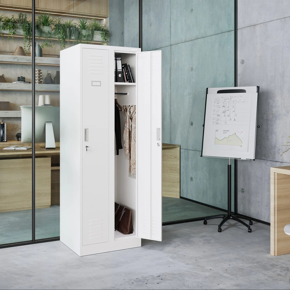 Fém kétrekeszes munkavállalói szekrény fehér: KACPER II, 600 x 1800 x 500 mm