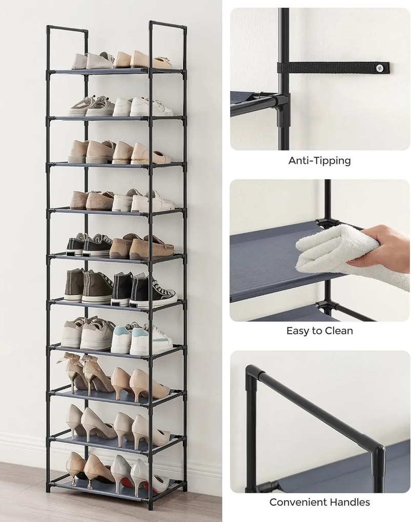 10 szintes cipőtartó, cipőállvány,  45 x 28 x 173 cm, fém váz, szürke