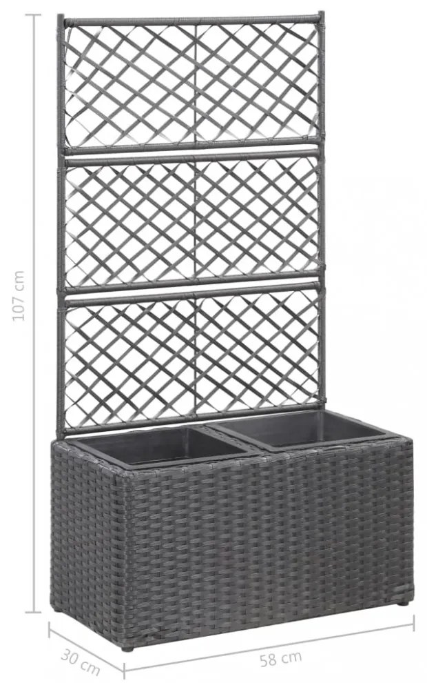 fekete rácsos polyrattan magaságyás 2 kaspóval 58 x 30 x 107 cm