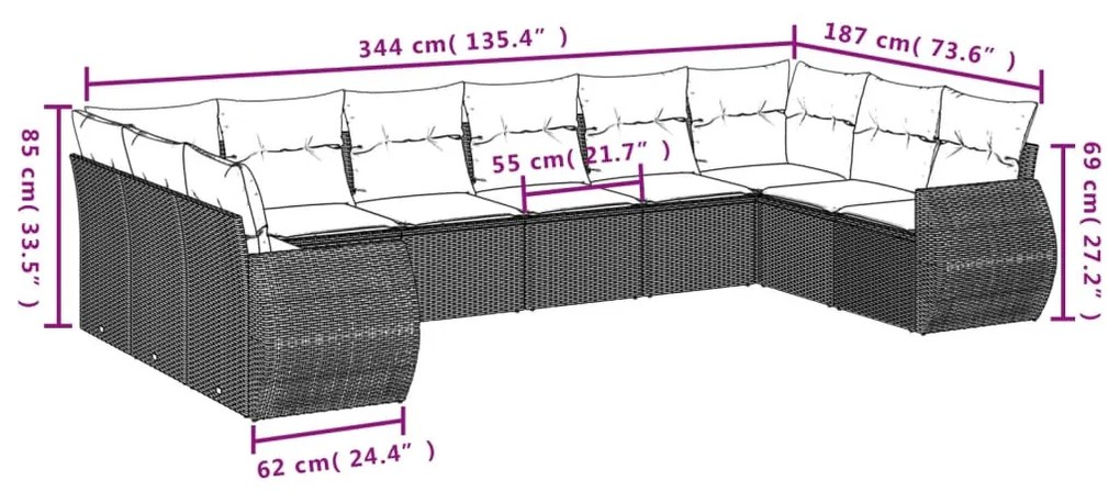 11 részes fekete polyrattan kerti ülőgarnitúra párnákkal