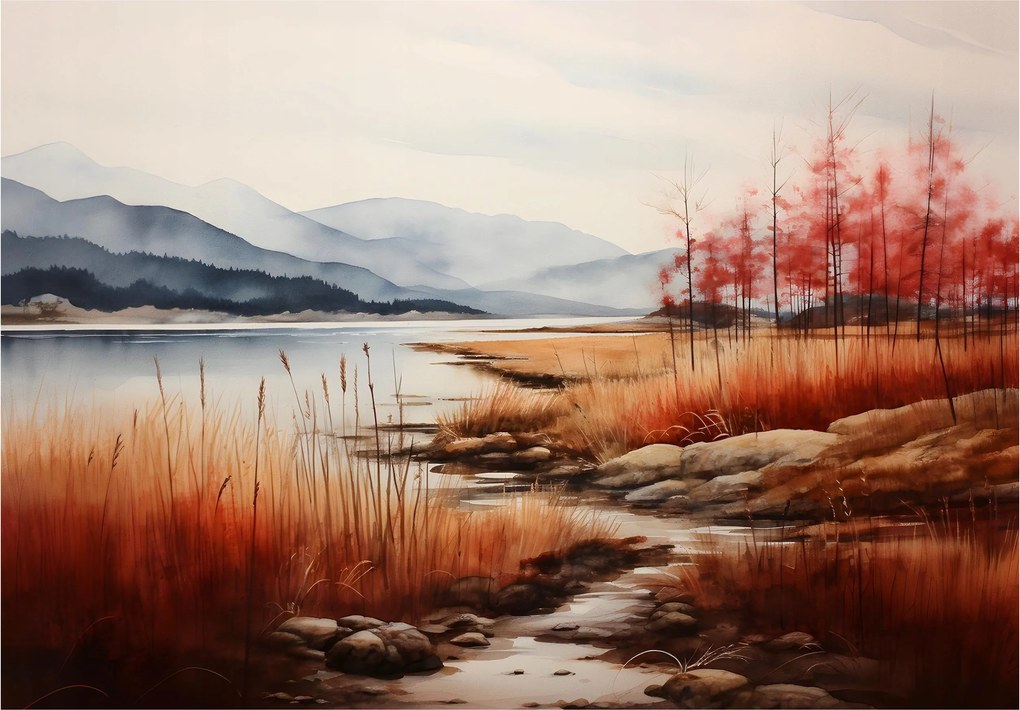 Fotótapéta Tó Hegyek Akvarell Nyugalom Természet Tájkép 208x146 +ragasztó