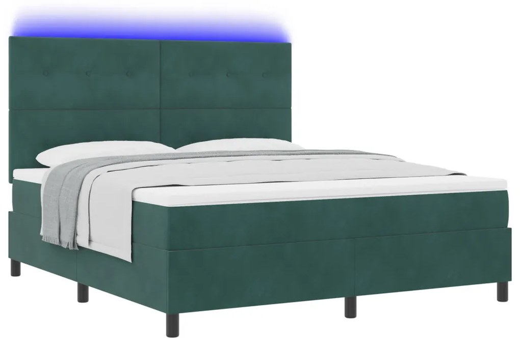 Boxspring Ágy Mattal & LED Sötét Zöld 180x200 cm Bársonyos