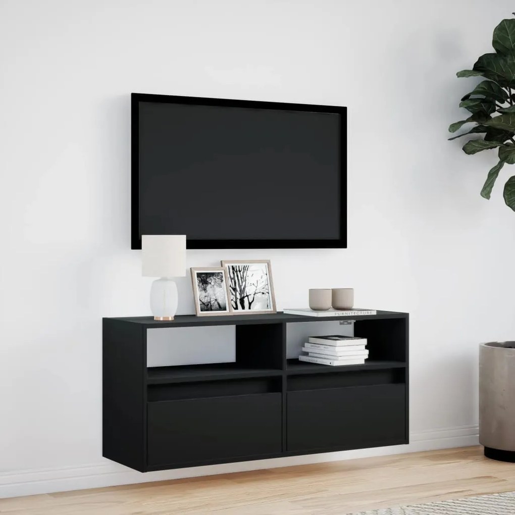 fekete fali TV-szekrény LED-világítással 100x31x45 cm