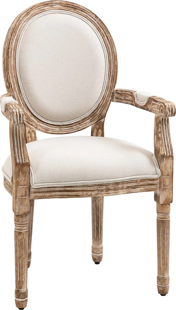 HOMCOM Retro Stílusú Étkezőszék Karfával és Vastag Kárpittal - Vászonhatású Kárpitos Szék a Nappaliba - Gumifából Krémfehér és Világos Fa Színben 56 x