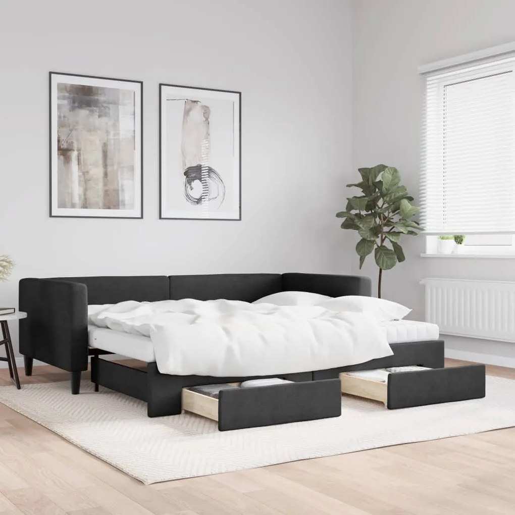 fekete kihúzható szövet heverő fiókkal 90 x 190 cm