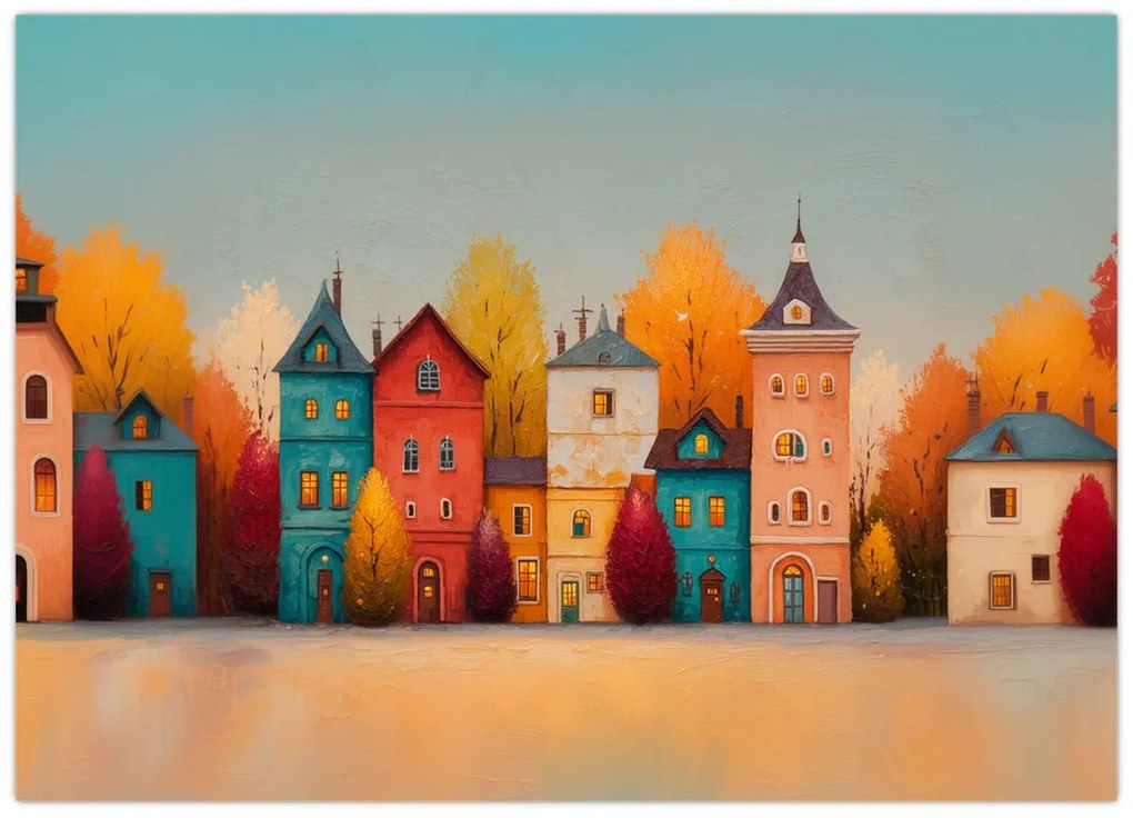 Üveg kép - Őszi falu (70x50 cm)