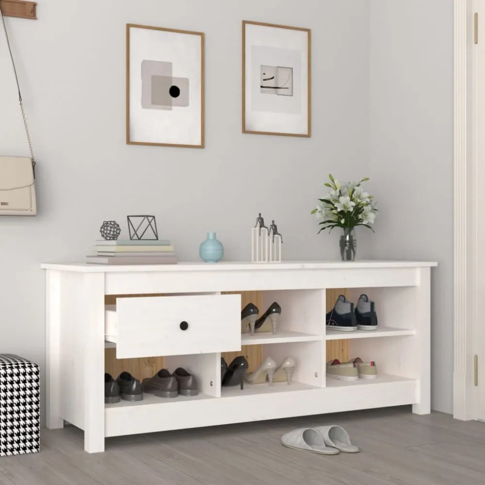fehér tömör fenyőfa cipősszekrény 110 x 38 x 45,5 cm