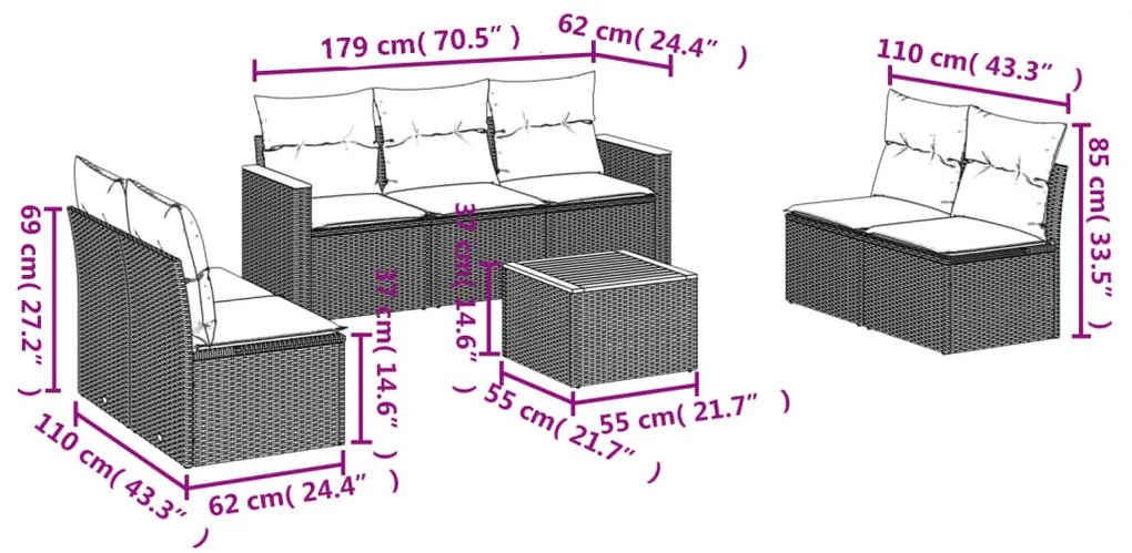 8 részes fekete polyrattan kerti ülőgarnitúra párnákkal