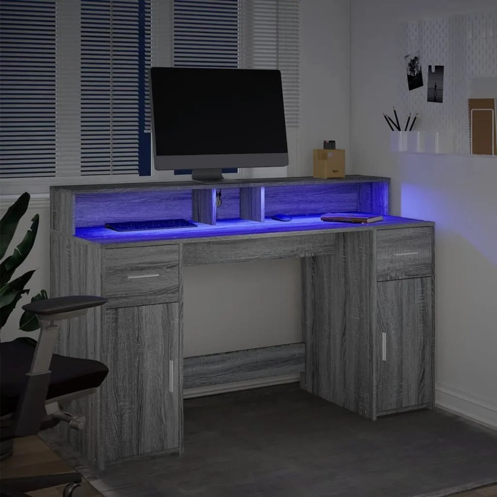 szürke sonoma színű szerelt fa íróasztal LED-ekkel 140x55x91 cm