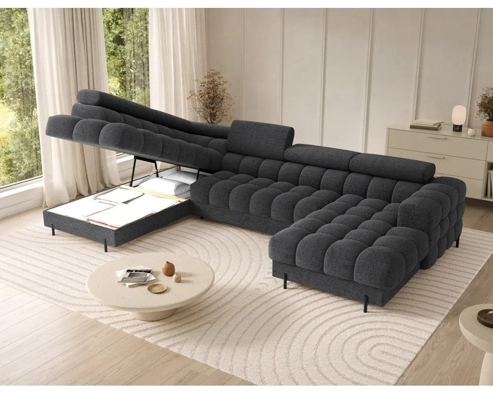 Sötétszürke buklé kinyitható sarokkanapé (bal oldali-U alakú) Feraria – ELTAP