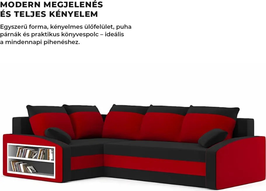 Grande sarokkanapé polcokkal , polc a bal karfaban, baloldali, szövet anyag, hab töltet, fekete - piros