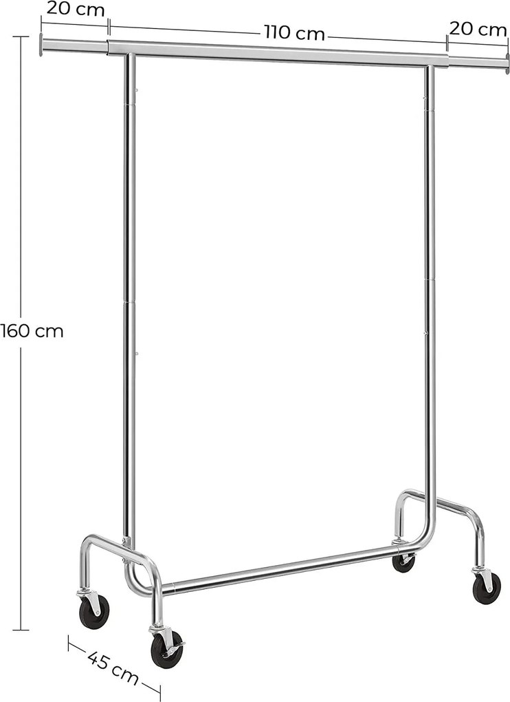 Nagy teherbírású fém ruhatartó kerekekkel, 130 kg-ig terhelhető, hossza 110-150 cm