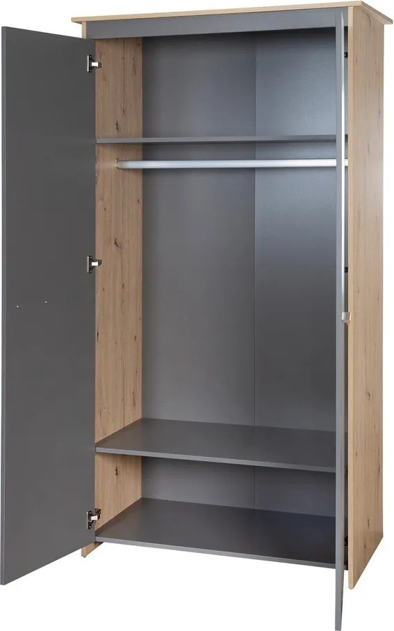 Antracitszürke-natúr színű gyerek ruhásszekrény tölgyfa dekorral 50x190x96 cm Anna – Roba