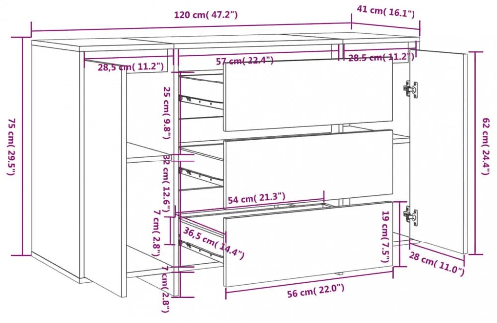 betonszürke szerelt fa tálalószekrény 3 fiókkal 120x41x75 cm