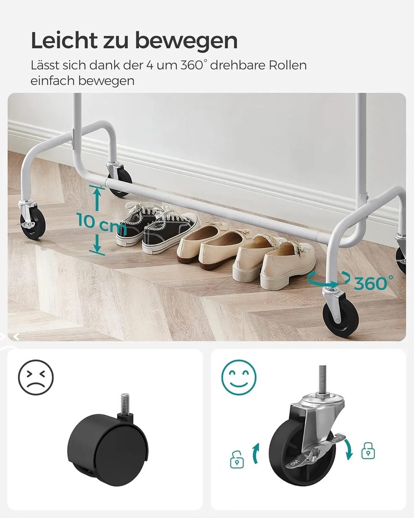 SONGMICS gurulós ruhatartó állvány, kihúzható ruharúd, max. 130 kg terhelhetőség, matt fehér