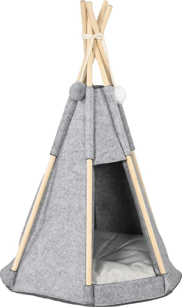 PawHut Kiskedvenc Teepee Sátor - Szürke teepee macskáknak vagy kicsi kutyáknak - vastag párna a maximális kényelemért, 2 pomponnal - fadobozos szürke