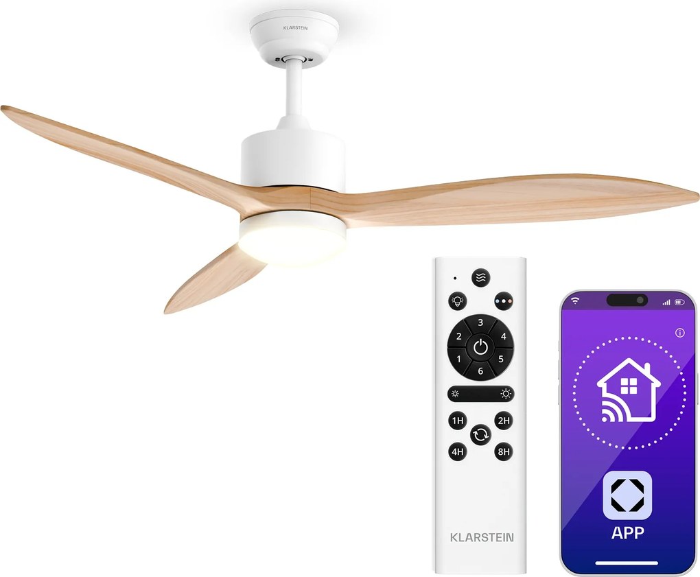Klarstein SkyBreeze intelligens mennyezeti ventilátor világítással | 132 cm | 27 W | Csendes | LED | Fa