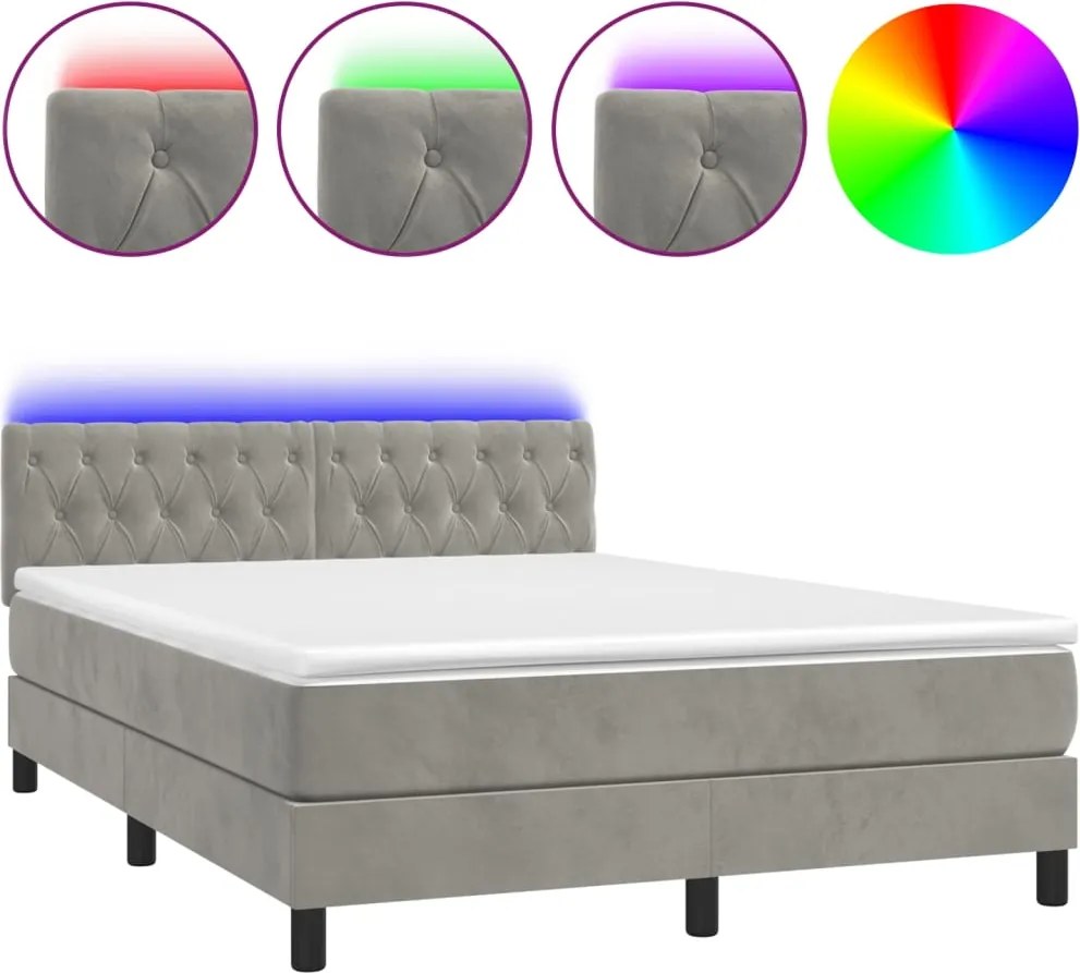 vidaXL világosszürke bársony rugós és LED-es ágy matraccal 140x190 cm