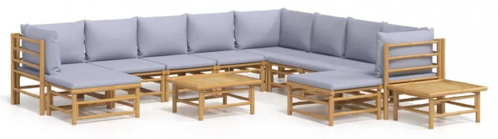 12 részes bambusz kerti ülőgarnitúra világosszürke párnákkal