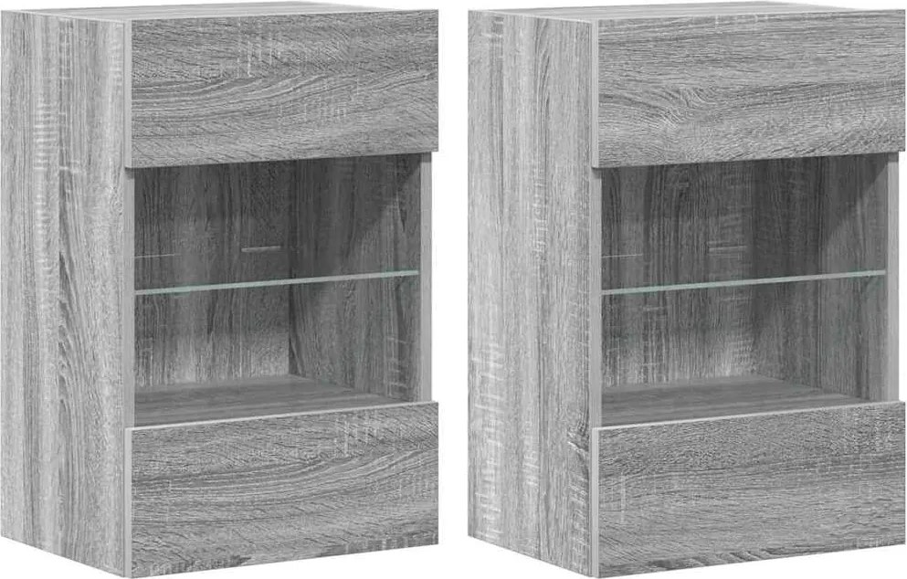 vidaXL 2 db szürke sonoma fali szekrények LED világítással TV-hez 40x30x60,5 cm
